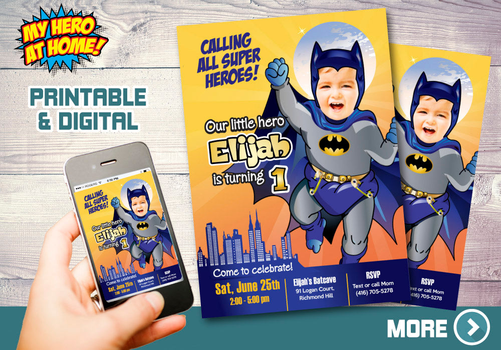 Batman 1st Birthday Invitation with your baby as Baby Batman, Batman 1st invite. 060