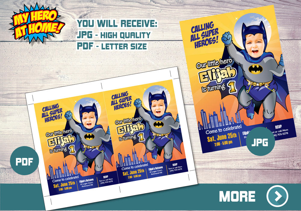 Batman 1st Birthday Invitation with your baby as Baby Batman, Batman 1st invite. 060