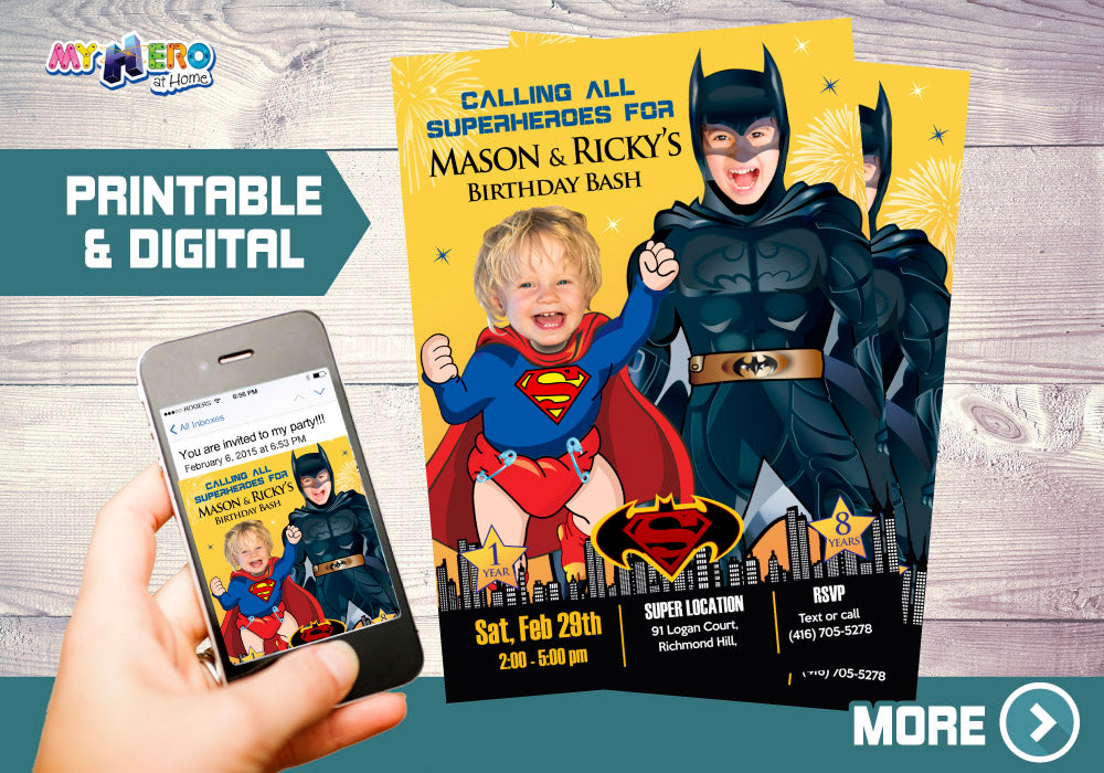Superman and Batman Invitation, Joint Batman and Superman Invitation, Superman vs Batman invitation, Joint baby superman and Batman invitation. 066