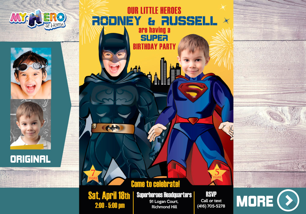 Superman and Batman Invitation, Joint Batman and Superman Party invitation, Superman Batman Party Ideas. 070