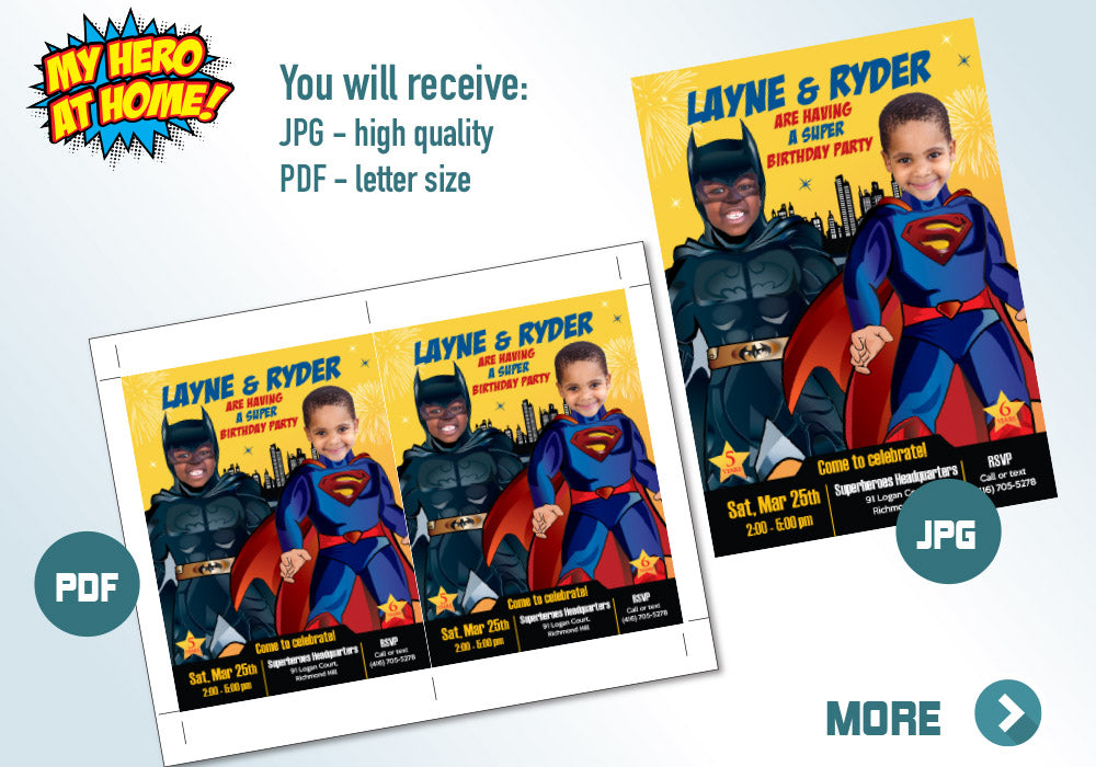 Superman and Batman Invitation, Joint Batman and Superman Party invitation, Superman Batman Party Ideas. 070