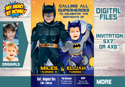 Joint Batman Birthday Invitation, Batman Siblings party Invitation, Batman Twins party. 071