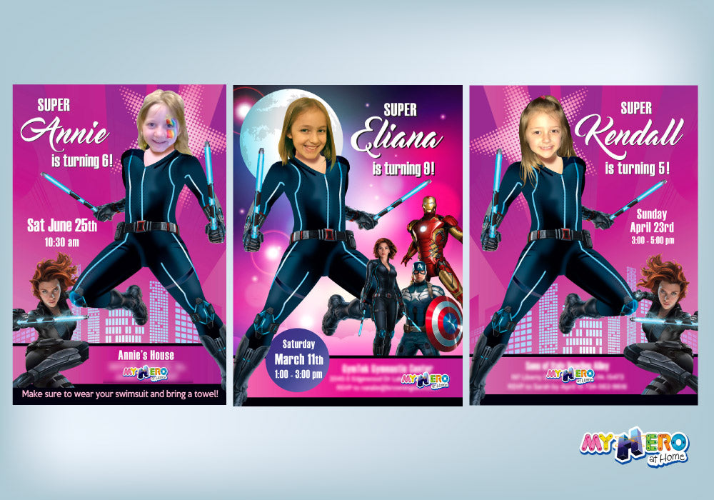 Black Widow birthday party Invitation with your girl as the star, Black Widow photo invite. 073