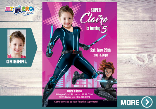 Black Widow Birthday Invitation with photo, Black Widow photo party template. 072