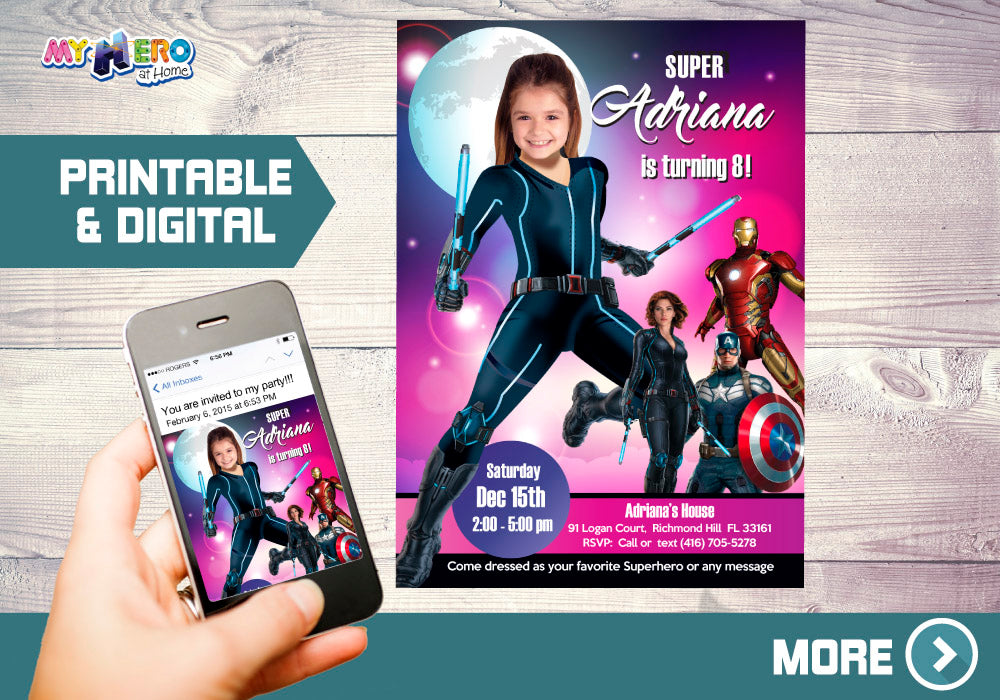 Black Widow birthday party Invitation with your girl as the star, Black Widow photo invite. 073
