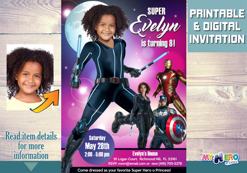 Black Widow birthday party Invitation with your girl as the star, Black Widow photo invite. 073
