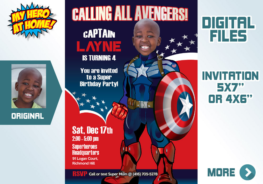 Custom Captain America party photo Invitation, Capt America Birthday Invitation. 074