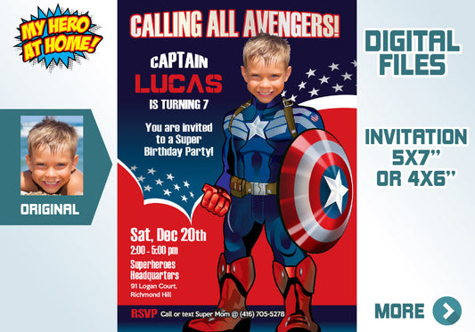 Custom Captain America party photo Invitation, Capt America Birthday Invitation. 074