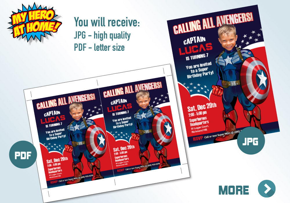 Custom Captain America party photo Invitation, Capt America Birthday Invitation. 074