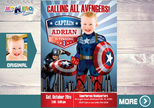 Baby Captain America 1st Birthday Party Invitation, Capt America first birthday. 075B