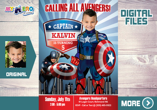Customized Captain America Birthday Invitation with your photo, Capt America photo invite. 075