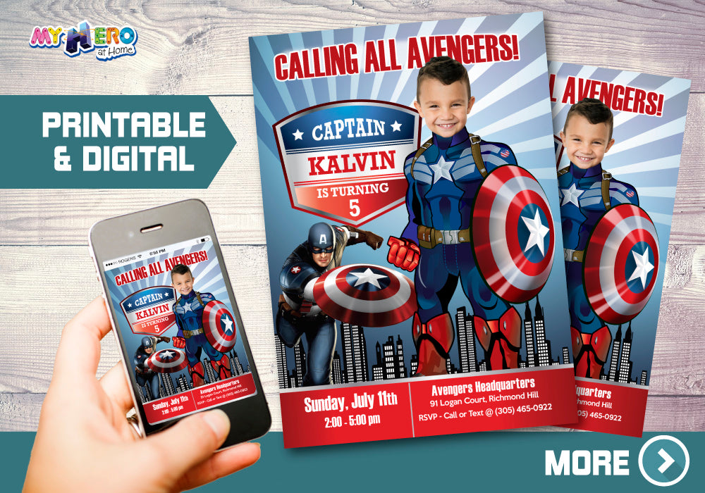Customized Captain America Birthday Invitation with your photo, Capt America photo invite. 075