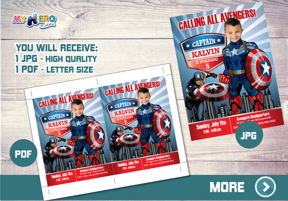 Customized Captain America Birthday Invitation with your photo, Capt America photo invite. 075