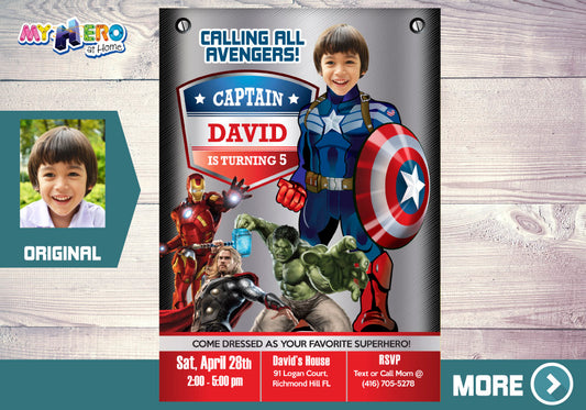 Custom Captain America Avengers birthday Invitation with birthday boy as the Captain.  077