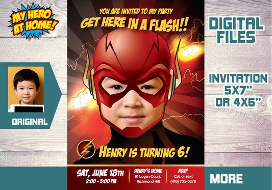 Get here in a Flash birthday party Invitation, Flash Invitation, Flash Digital. 085