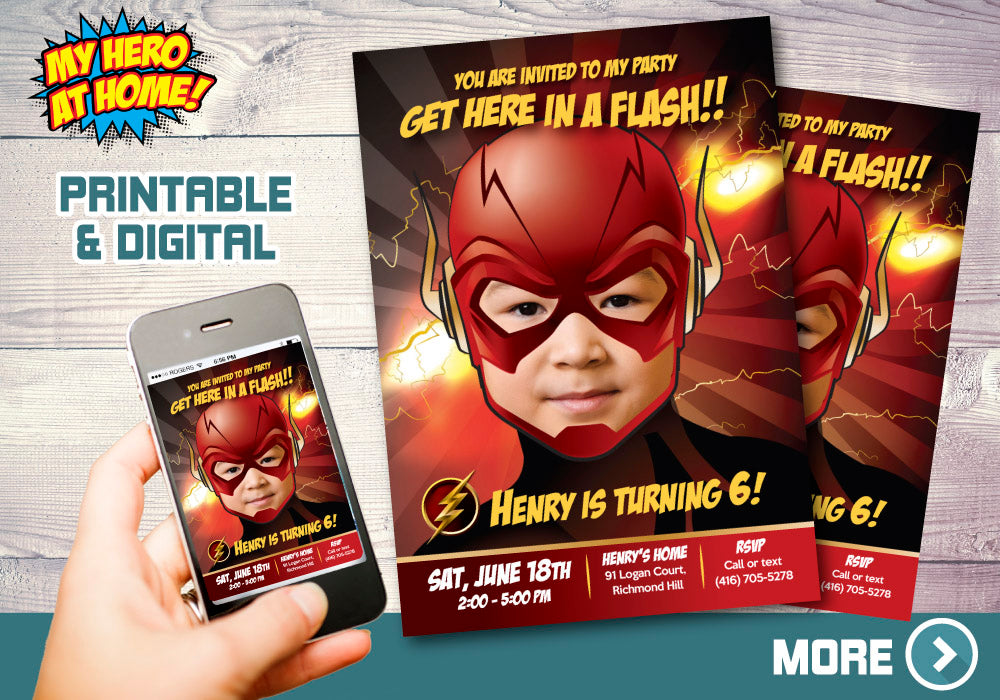Get here in a Flash birthday party Invitation, Flash Invitation, Flash Digital. 085