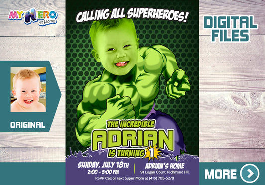 Hulk 1st Birthday Invitation with photo, Hulk First Birthday template. 089B