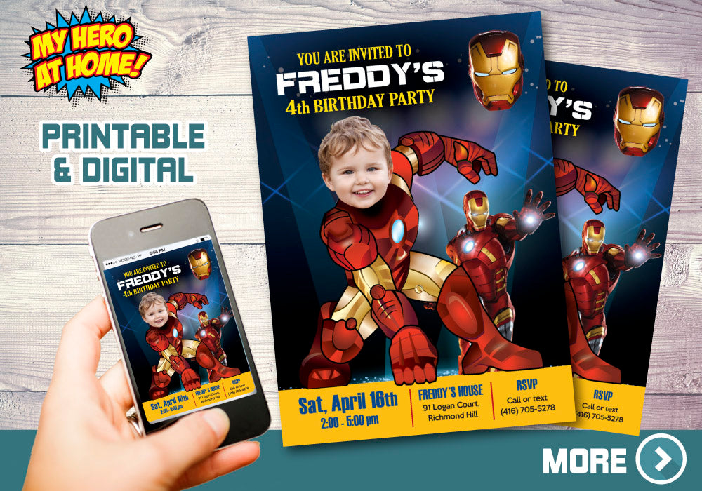 Ironman photo invitation, Ironman party template with your kid as Ironman. 096