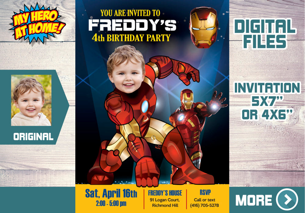 Ironman photo invitation, Ironman party template with your kid as Ironman. 096