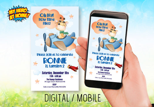 Giraffe digital Invitation, Airplane mobile invitation, Airplane Digital Invitation, Giraffe Invitation, Airplane Giraffe favor tag. 1001D