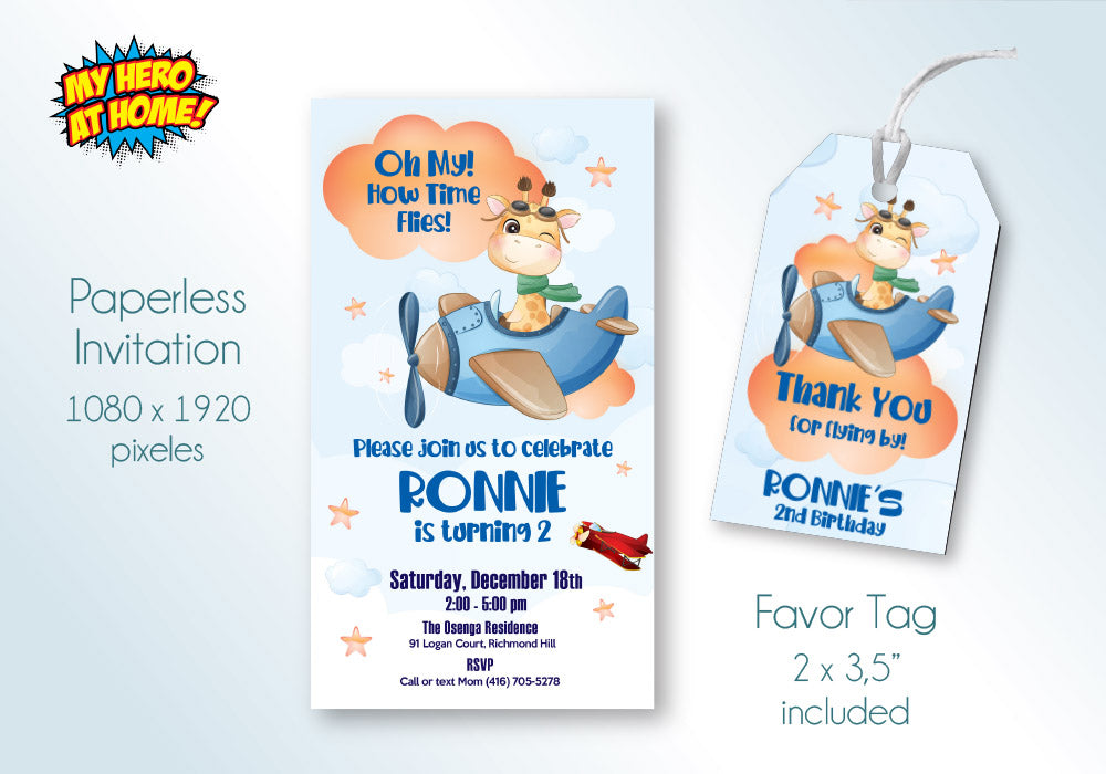 Giraffe digital Invitation, Airplane mobile invitation, Airplane Digital Invitation, Giraffe Invitation, Airplane Giraffe favor tag. 1001D
