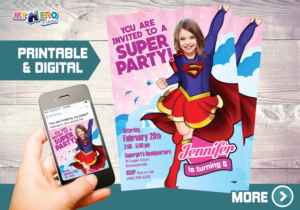 Supergirl Party Invitation with your photo, Supergirl photo template, Super hero Girls Invite. 110
