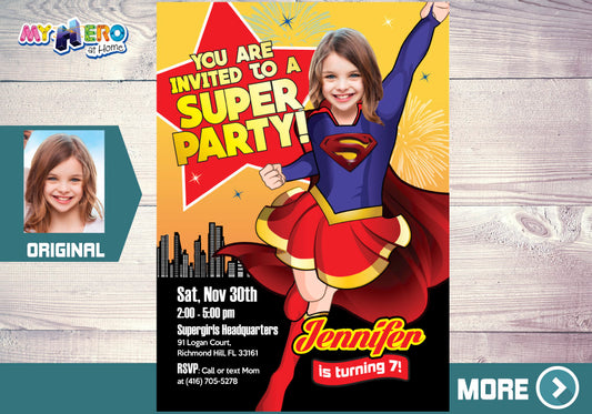 Supergirl photo Invitation, Supergirl Birthday Invitation with your girl as the star. 113