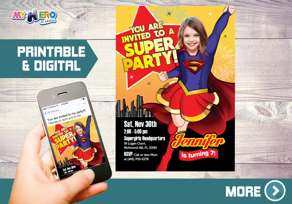 Supergirl photo Invitation, Supergirl Birthday Invitation with your girl as the star. 113