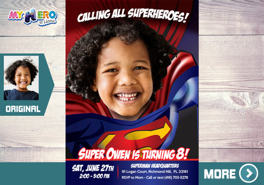 Superman photo Invitation, Superman party Invitation, Superman Birthday Invitation, Superman theme party. 125