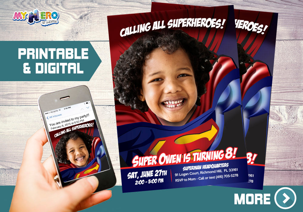 Superman photo Invitation, Superman party Invitation, Superman Birthday Invitation, Superman theme party. 125