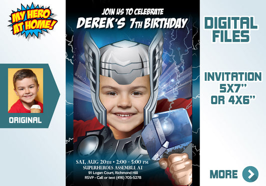 Thor photo Invitation, Thor Party invite with your kid as the god of thunder. 126