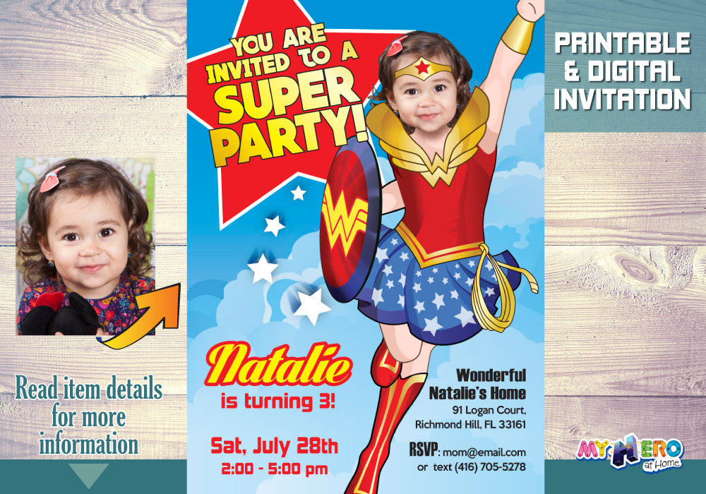 Wonder Woman photo Invitation with your girl as the star, Wonder girl Party template. 128