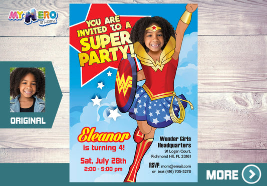 Wonder Woman photo Invitation with your girl as the star,  Wonder girl Party template. 128