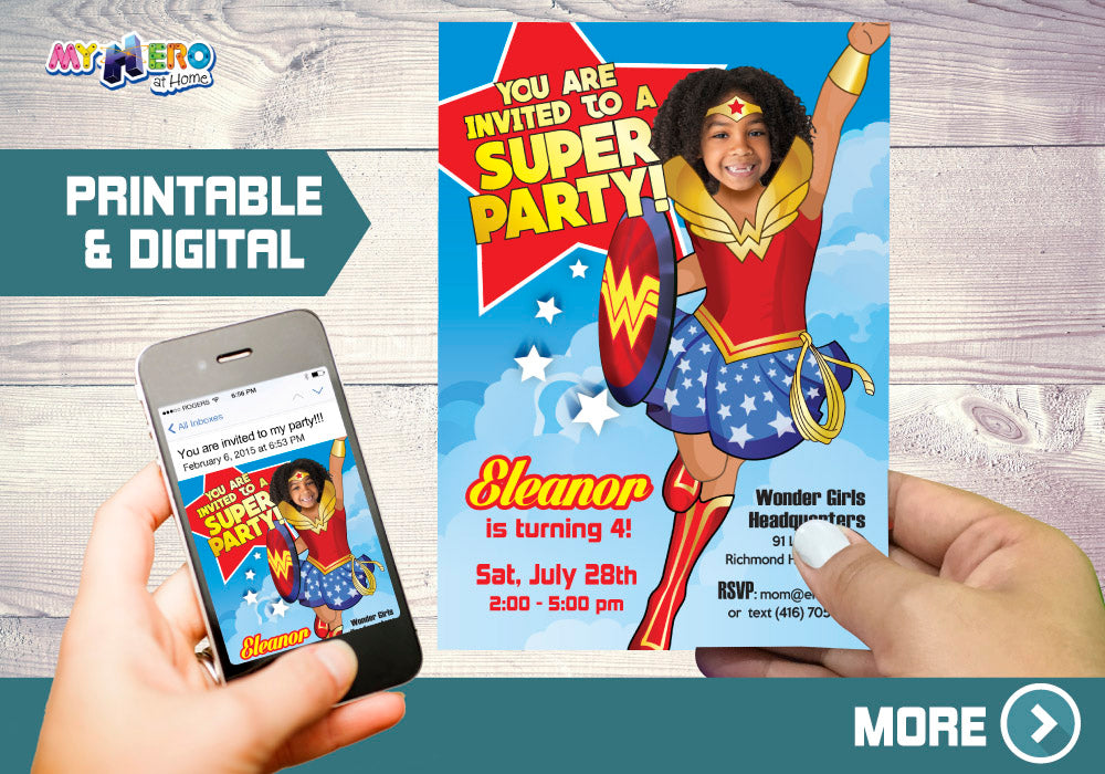 Wonder Woman photo Invitation with your girl as the star, Wonder girl Party template. 128