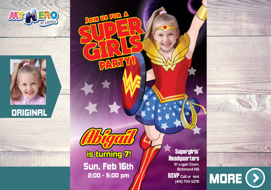 Wonder Woman Birthday Invitation, Super Girls Party invite, Wonder girl Invite. 129
