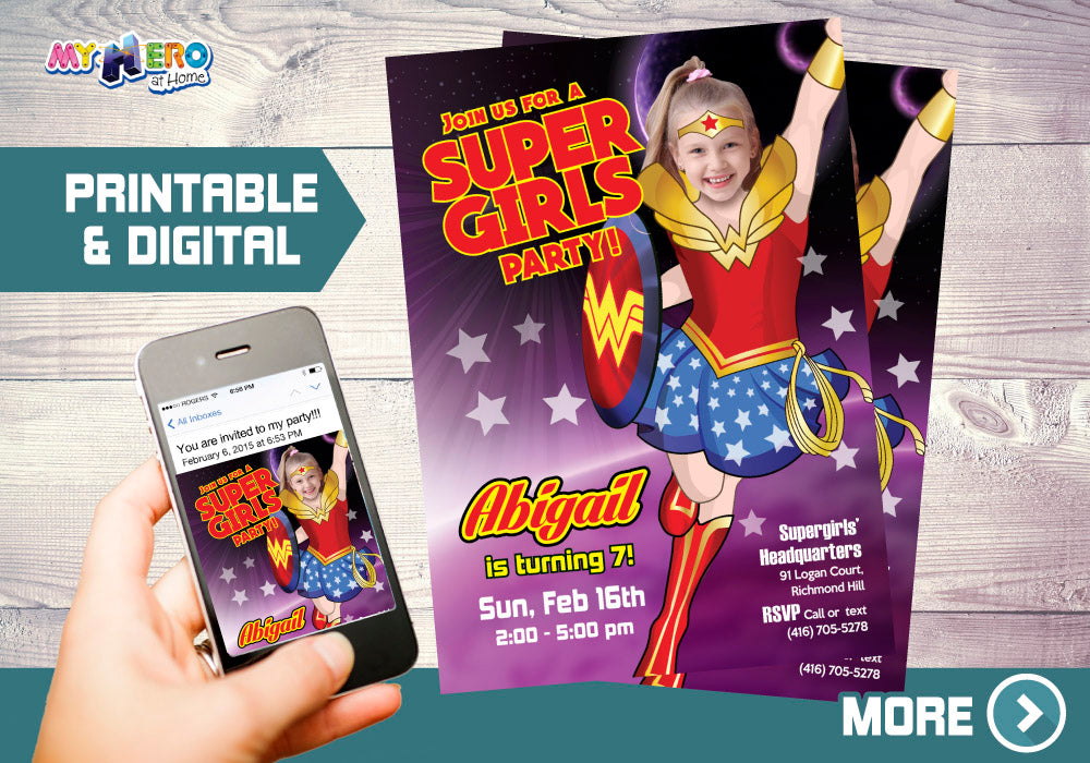 Wonder Woman Birthday Invitation, Super Girls Party invite, Wonder girl Invite. 129