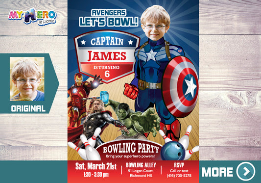 Captain America Bowling Birthday Party Invitation, Capt America photo Invite. 138