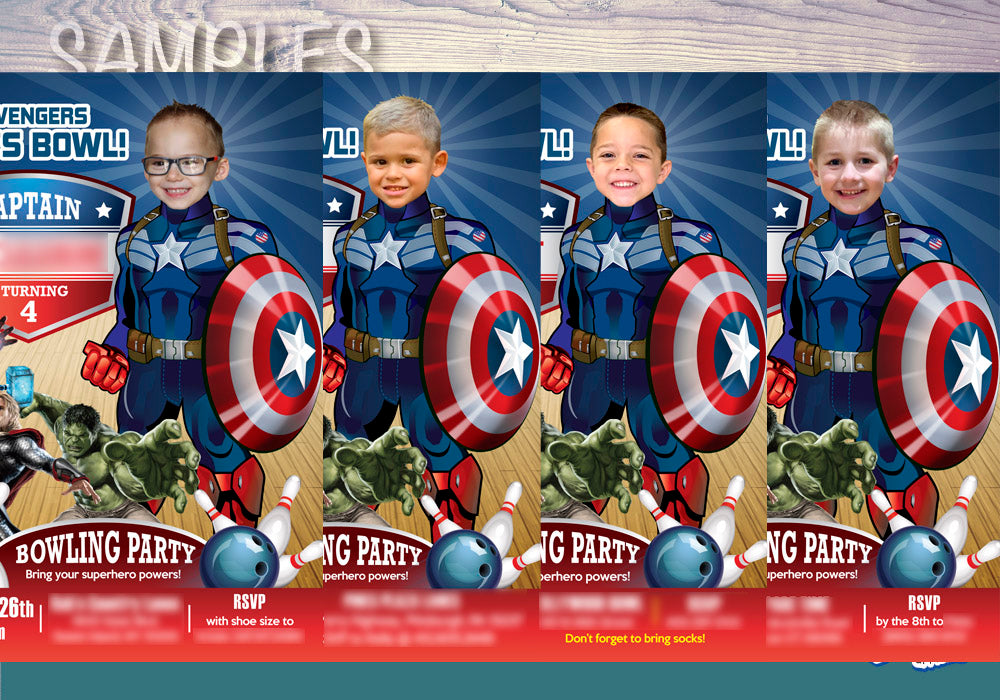 Captain America Bowling Birthday Party Invitation, Capt America photo Invite. 138