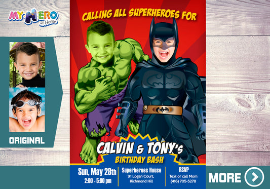 Joint Batman and Hulk Birthday Party Invitation, Hulk and Batman siblings invite. 152