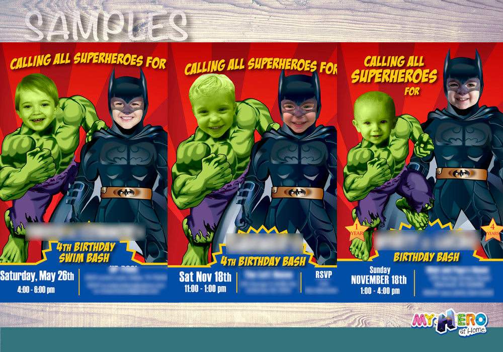 Joint Batman and Hulk Birthday Party Invitation, Hulk and Batman siblings invite. 152