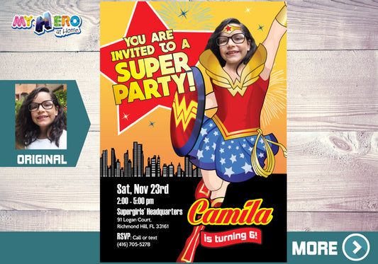 Wonder Girl birthday Party Invitation with your photo, Wonder woman digital. 153