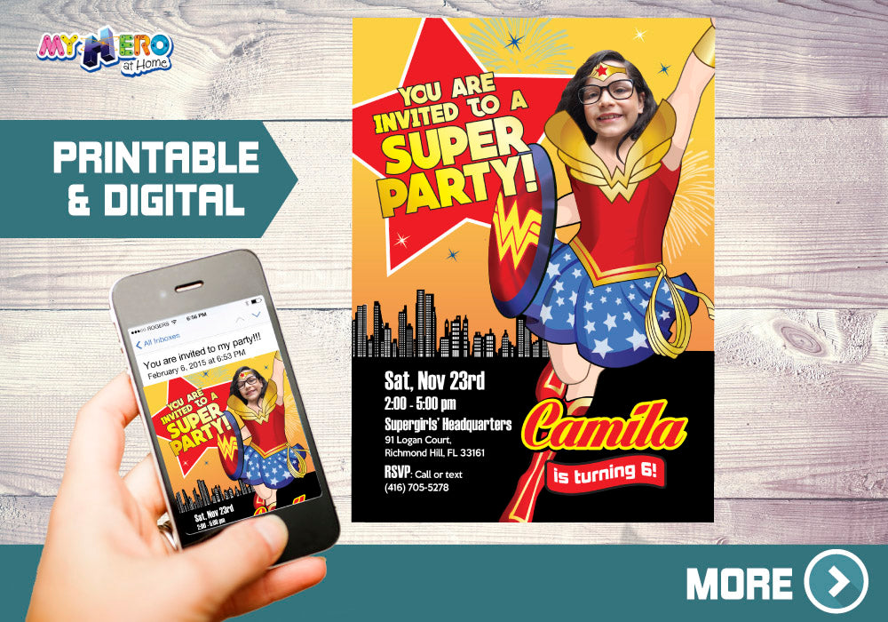 Wonder Girl birthday Party Invitation with your photo, Wonder woman digital. 153