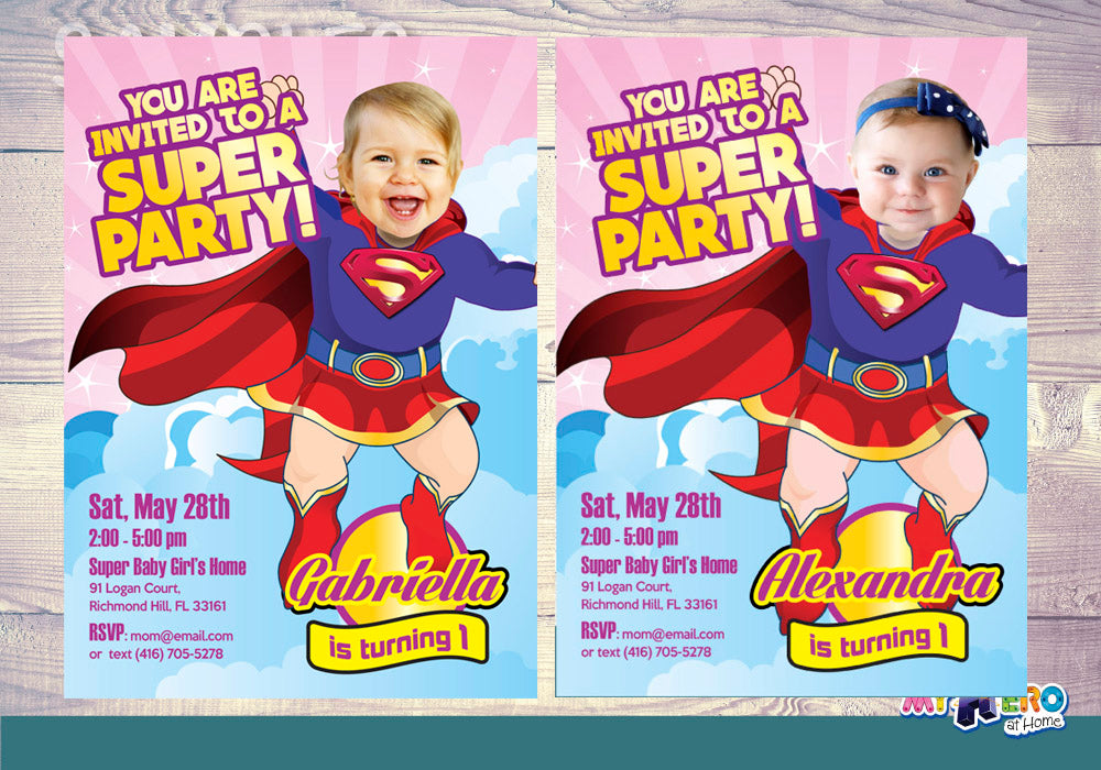 Super baby girl 1st birthday party Invitation with photo, Baby Supergirl Birthday. 157