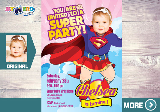 Super baby girl 1st birthday party Invitation with photo, Baby Supergirl Birthday. 157