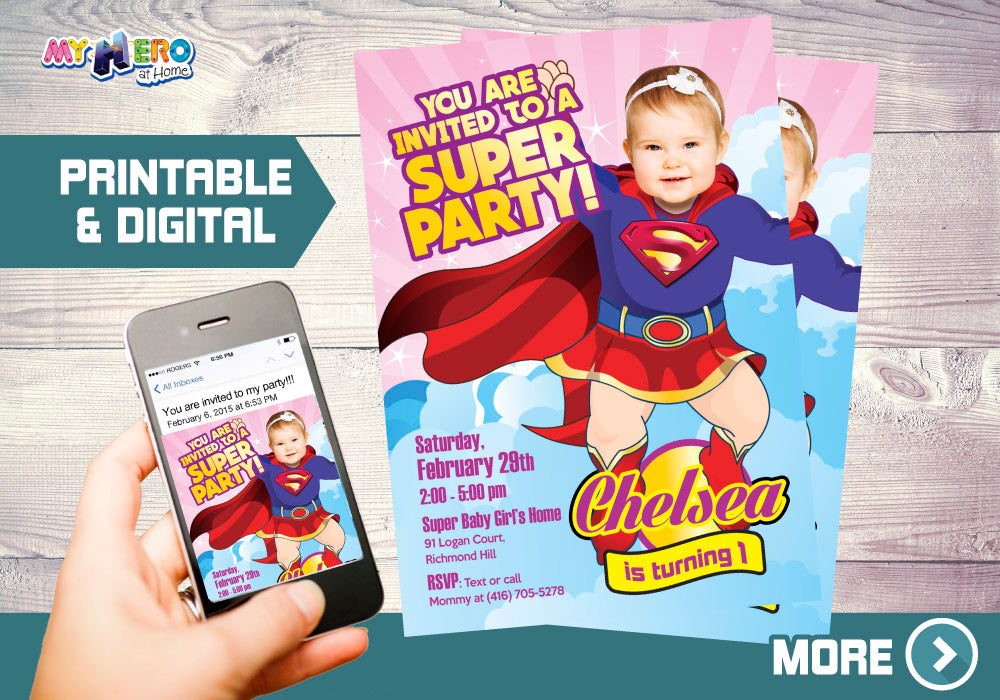 Super baby girl 1st birthday party Invitation with photo, Baby Supergirl Birthday. 157