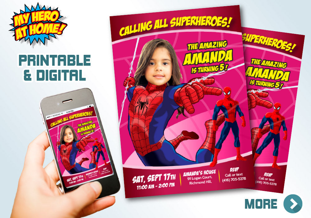 Spider Girl Birthday Invitation, Spider Woman Birthday, Spider Girl theme Party, Spidergirl Digital, spider girl party favors. 158C