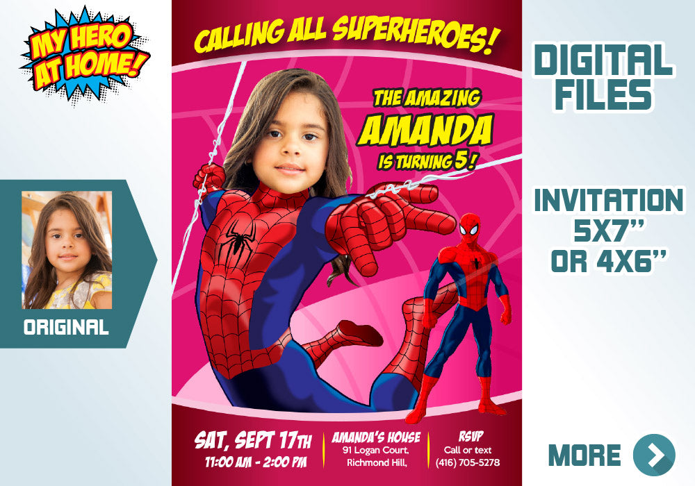 Spider Girl Birthday Invitation, Spider Woman Birthday, Spider Girl theme Party, Spidergirl Digital, spider girl party favors. 158C