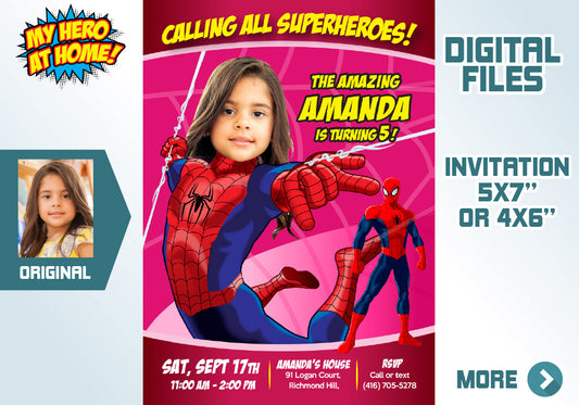 Spider Girl Birthday Invitation, Spider Woman Birthday, Spider Girl theme Party, Spidergirl Digital, spider girl party favors. 158C