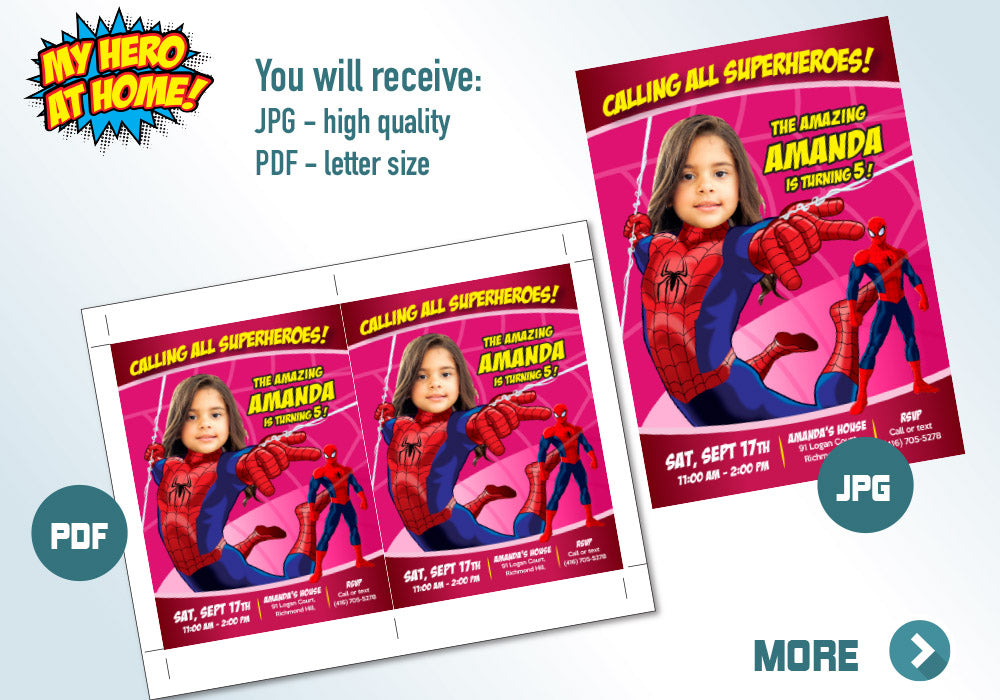 Spider Girl Birthday Invitation, Spider Woman Birthday, Spider Girl theme Party, Spidergirl Digital, spider girl party favors. 158C