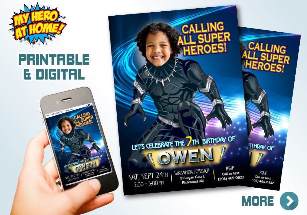 Black Panther birthday party Invitation with your kid as the Black Panther. 161